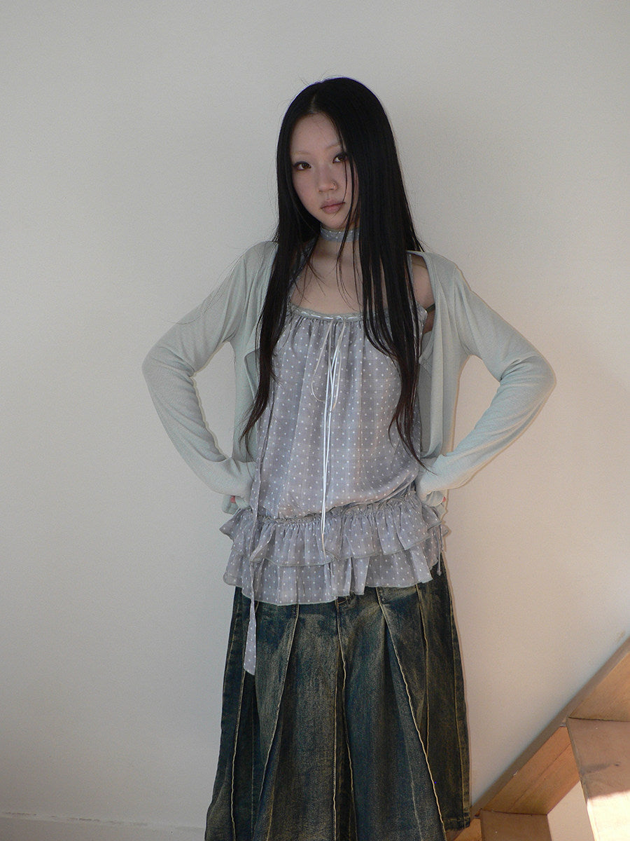 Polka Dot Ruffle Camisole & Cardigan Set with Scarf