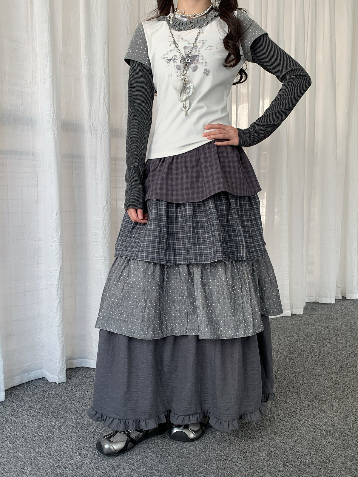 Layered Plaid Polka Dot Tiered Maxi Skirt