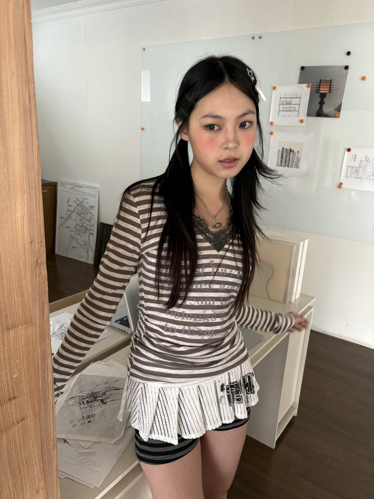Gray Stripe Lace V-Neck Graphic Long Sleeve Tee