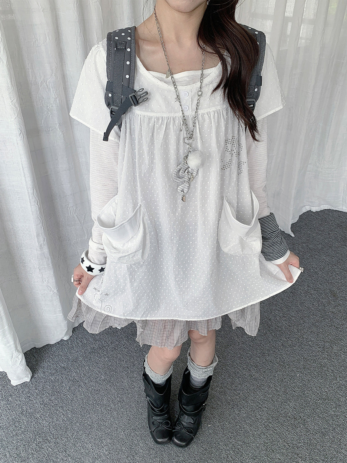 Polka Dot Faux-Layered Ruffle Hem Tunic Dress