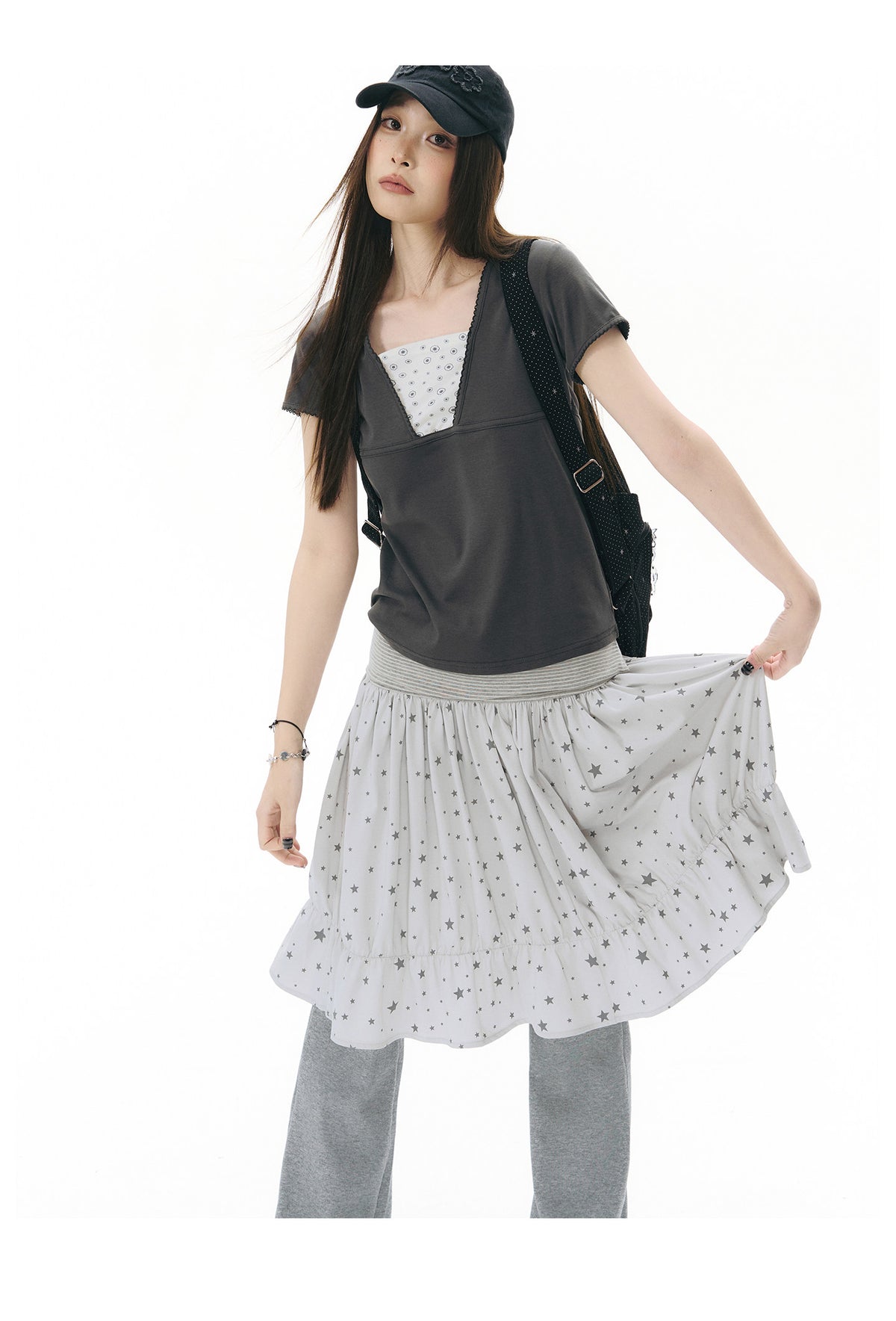 Star Print Striped-Waist Ruffle Midi Skirt
