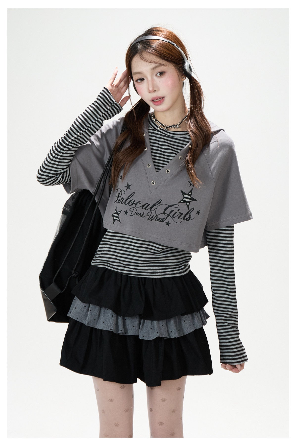 Graphic Cropped Hooded Tee, Striped Layering Long Sleeve Top & Tiered Mini Skirt