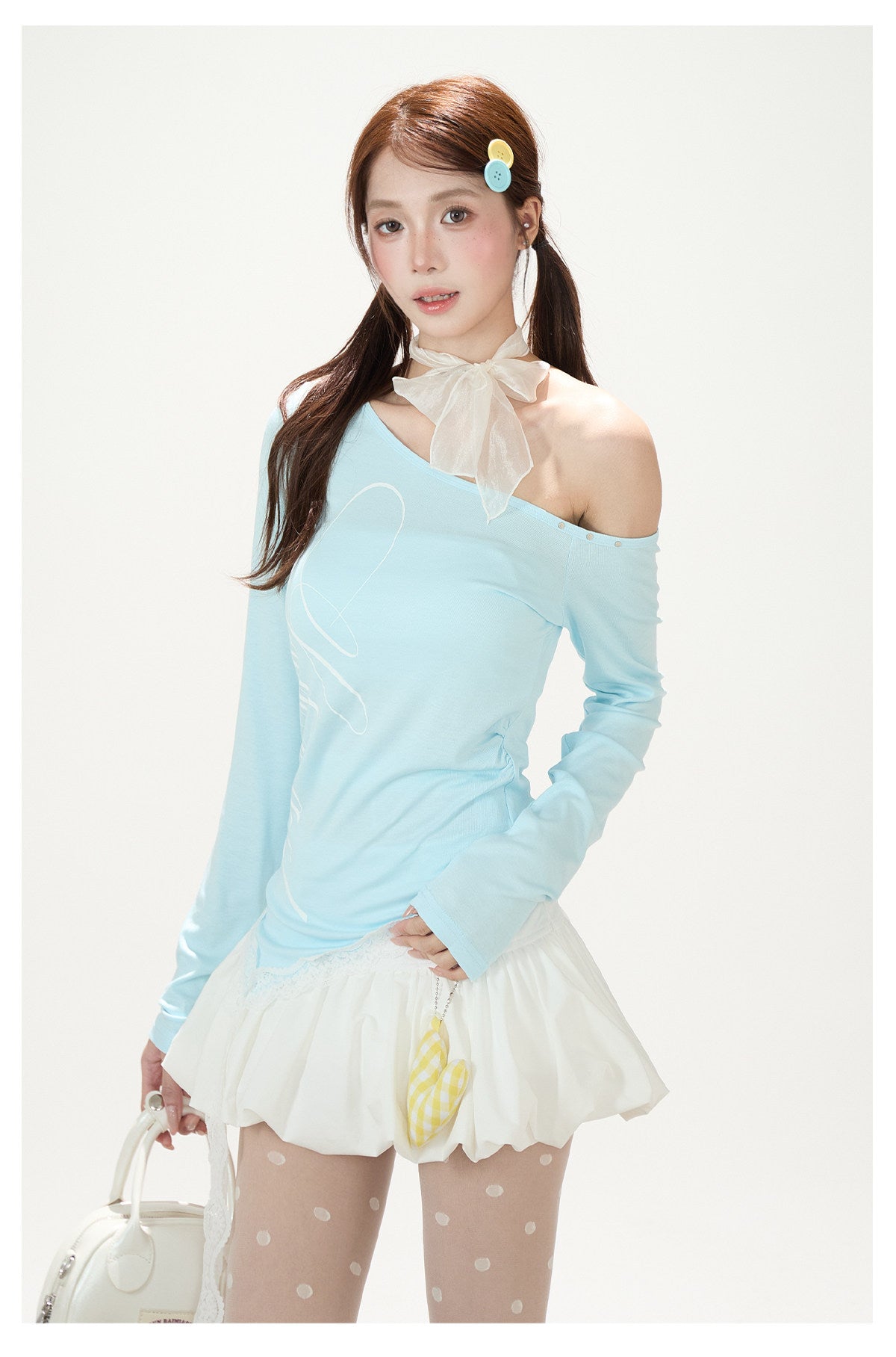 Ballet Ribbon Off-Shoulder Long Sleeve Top & White Ruffle Mini Skirt