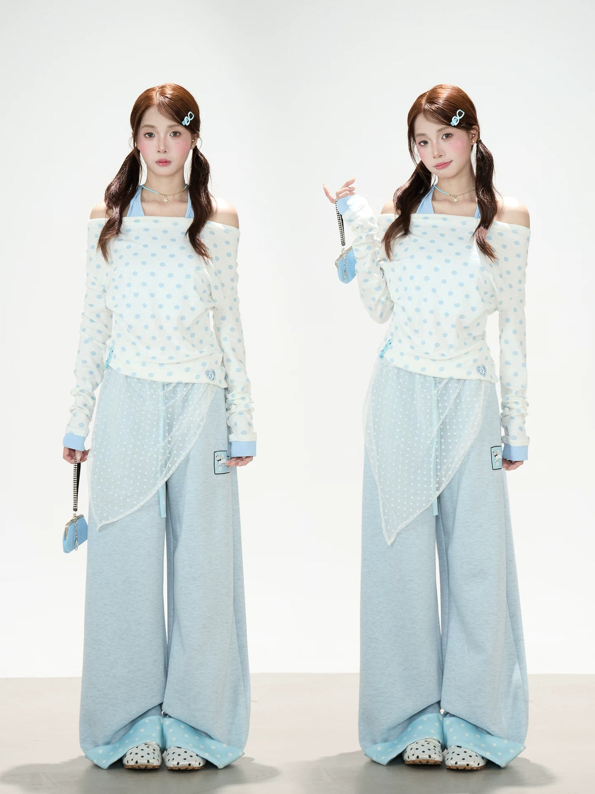 Polka-Dot Off-Shoulder Layered Long Sleeve Top & Blue Wide-Leg Pants