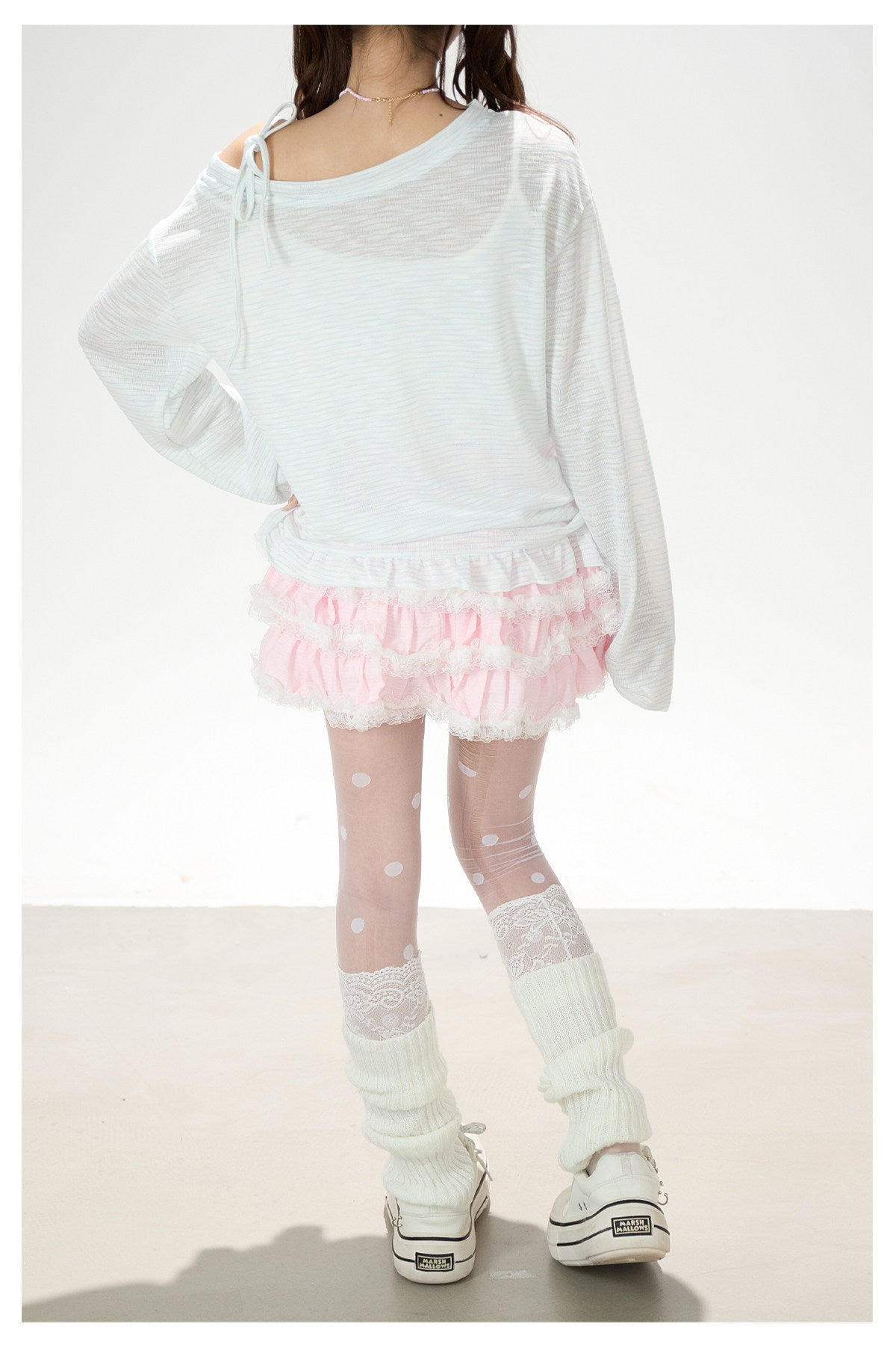 Bow Stripe Off-Shoulder Long Sleeve Top & Pink Wide-Leg Pants
