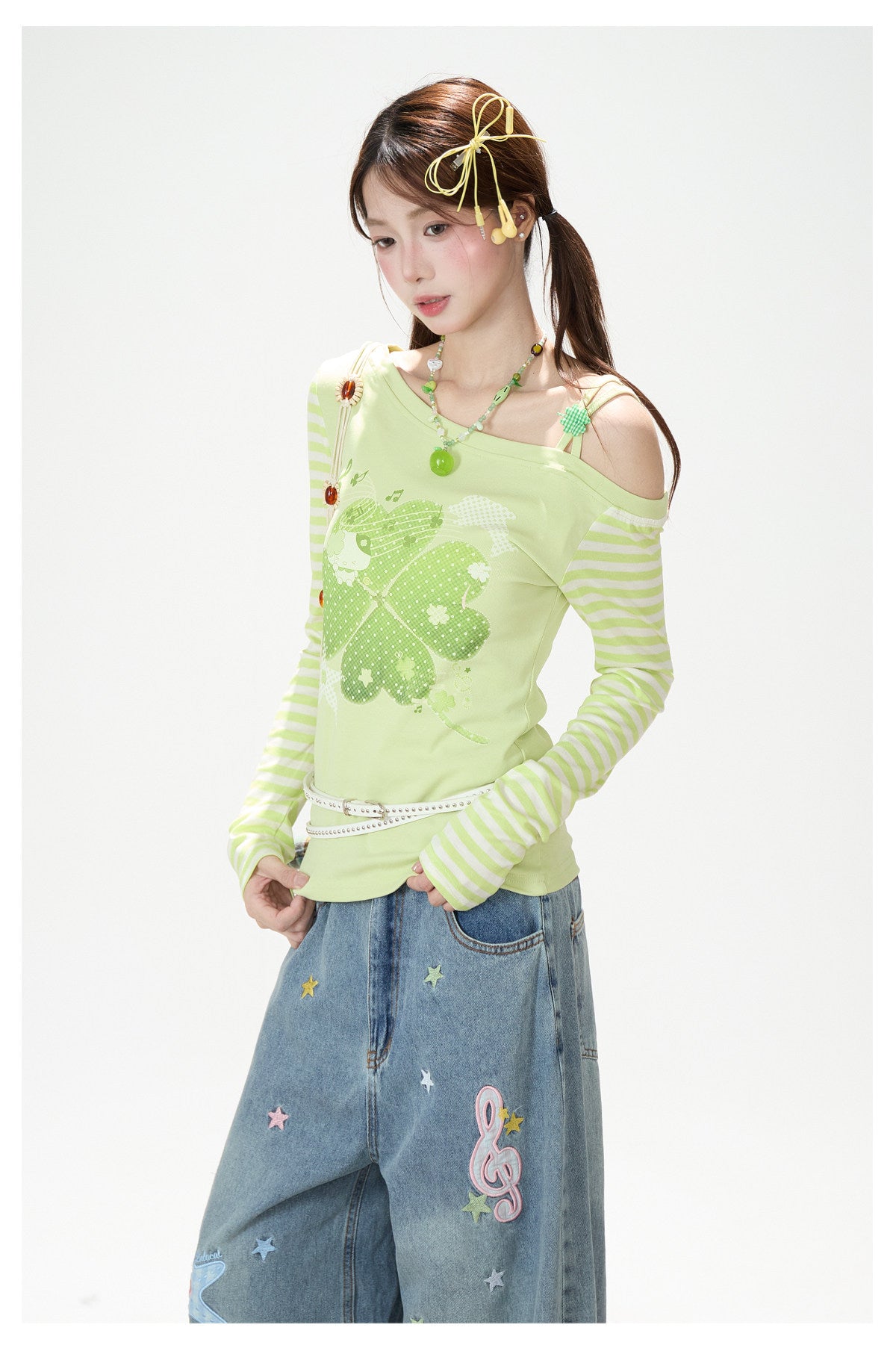 Clover Stripe Off-Shoulder Long Sleeve Top & Star Music Note Wide-Leg Jeans