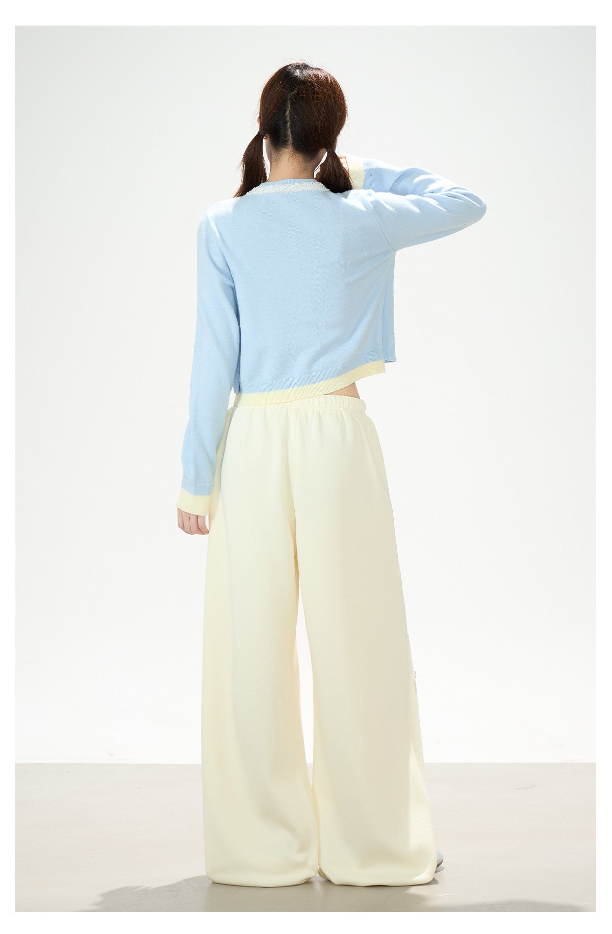 Faux Layered Soft Knit Cardigan & Apple Star Patch Wide-Leg Pants