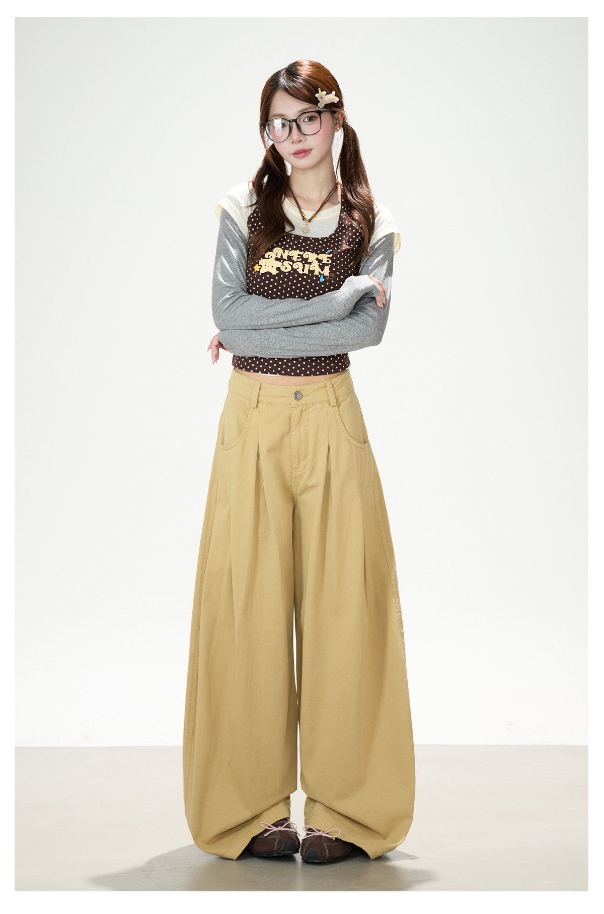 Coffee Polka-Dot Layered Long Sleeve Top