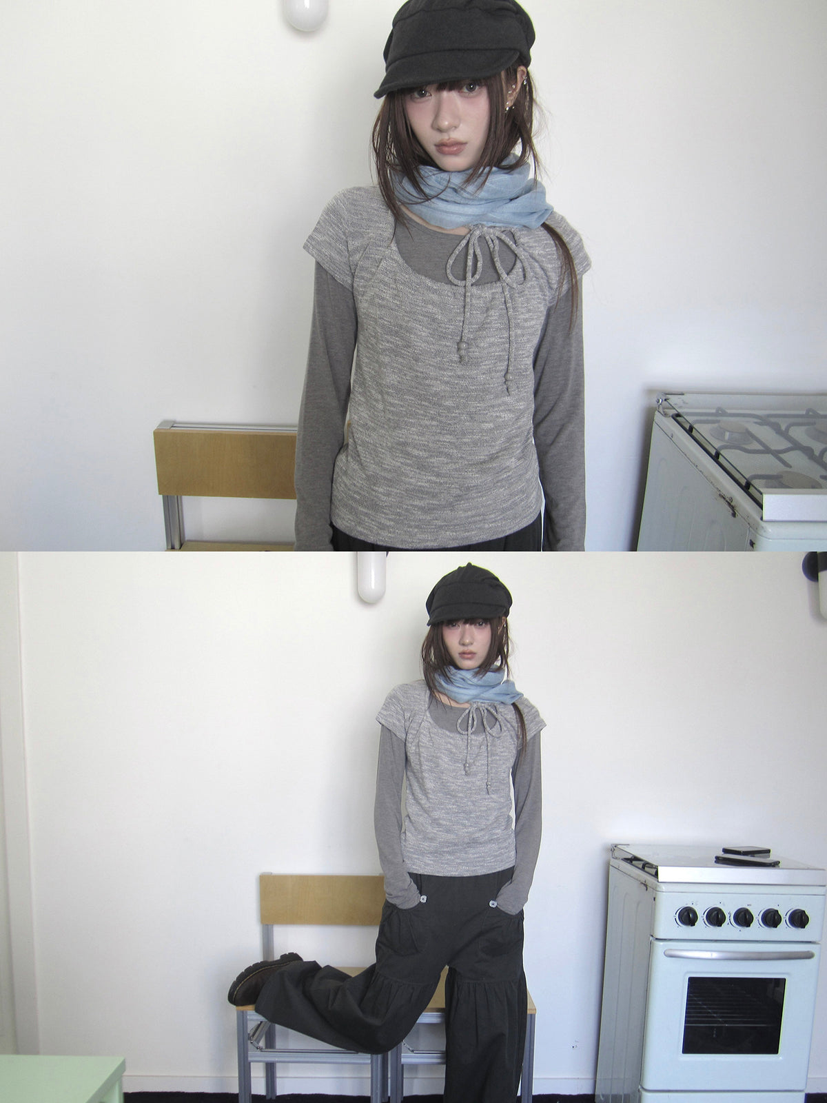 Tie-Front Textured Top & Long Sleeve Two-Piece Set