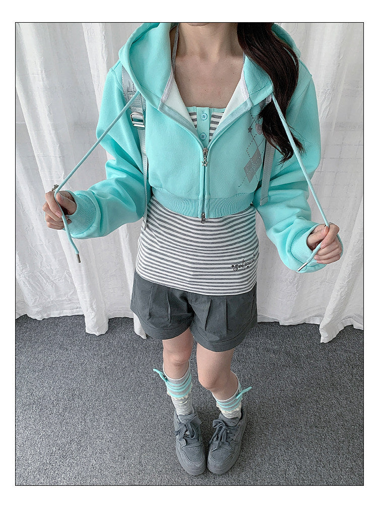 Striped Cami & Cropped Zip Hoodie Two-Piece Set