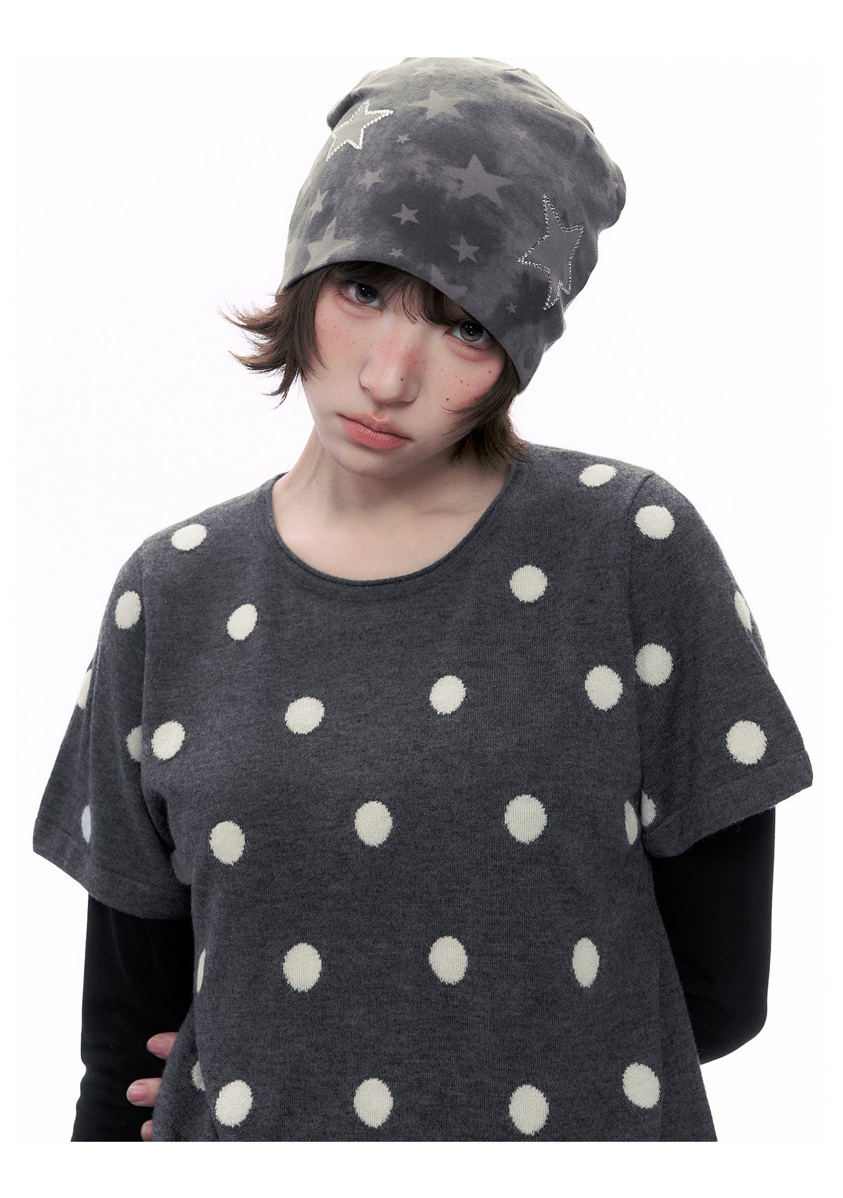 Polka Dot Wool-Blend Short Sleeve Knit Top