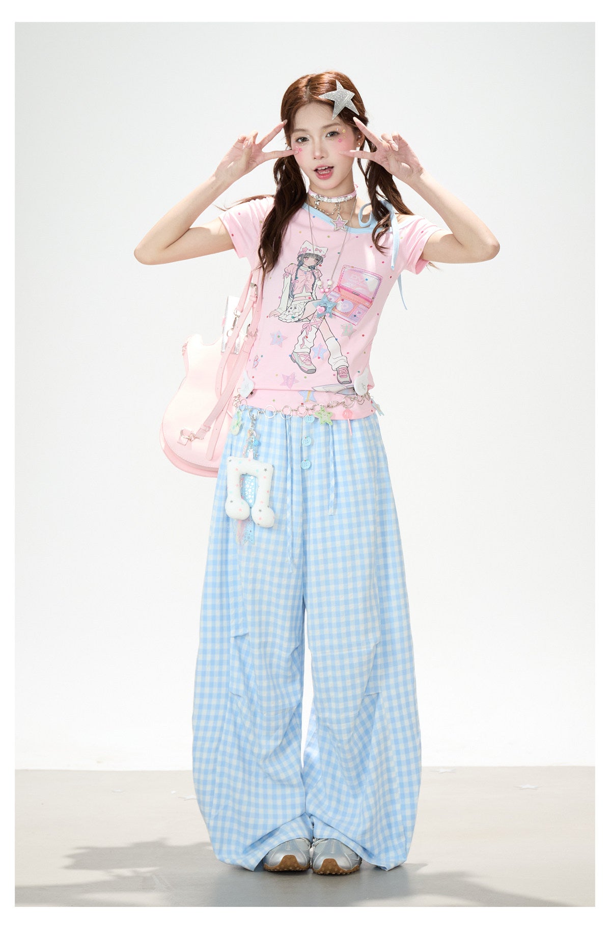 Gingham Oversized Wide-Leg Cargo Pants