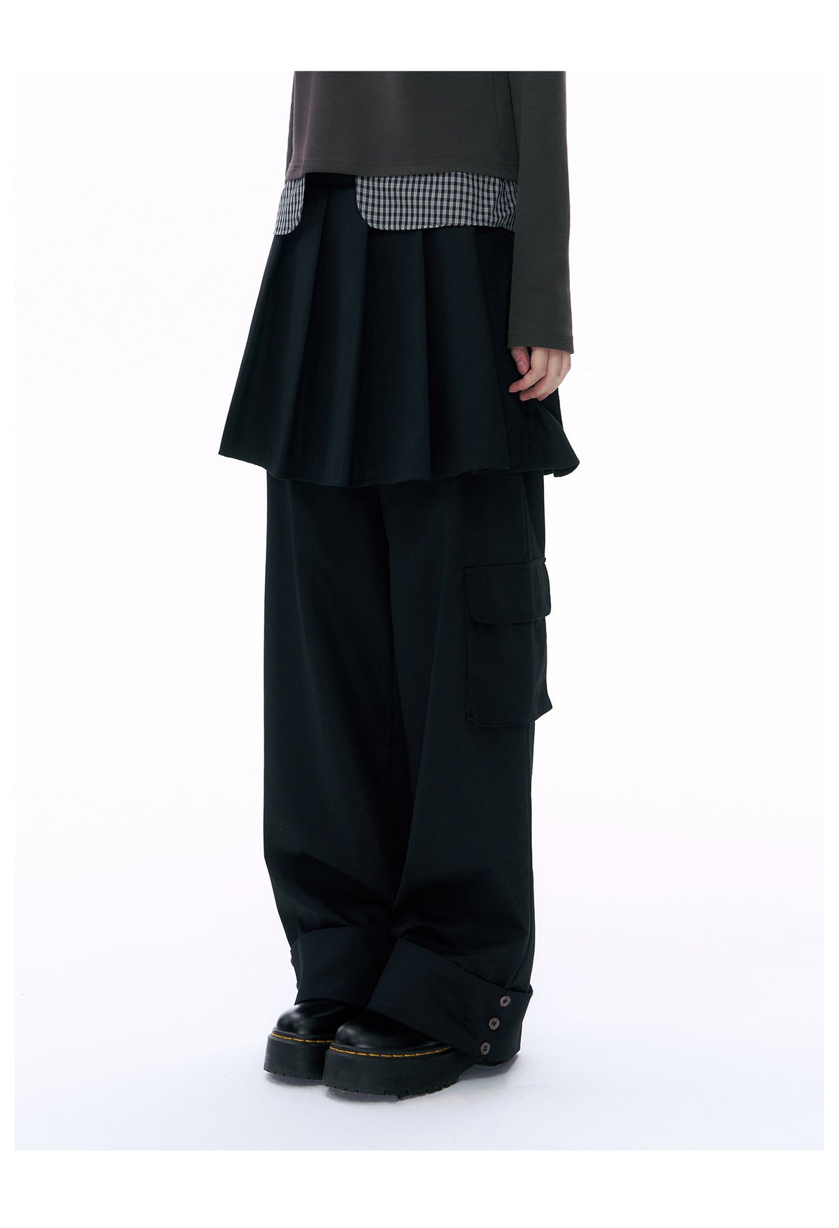Pleated Skirt-Overlay Cargo Wide-Leg Pants