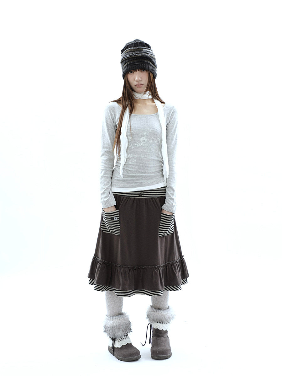 Music Note Striped Layered Long Sleeve Top with Scarf
