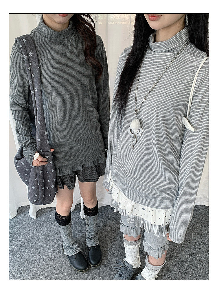 Fine Stripe Mock-Neck Long Sleeve Top