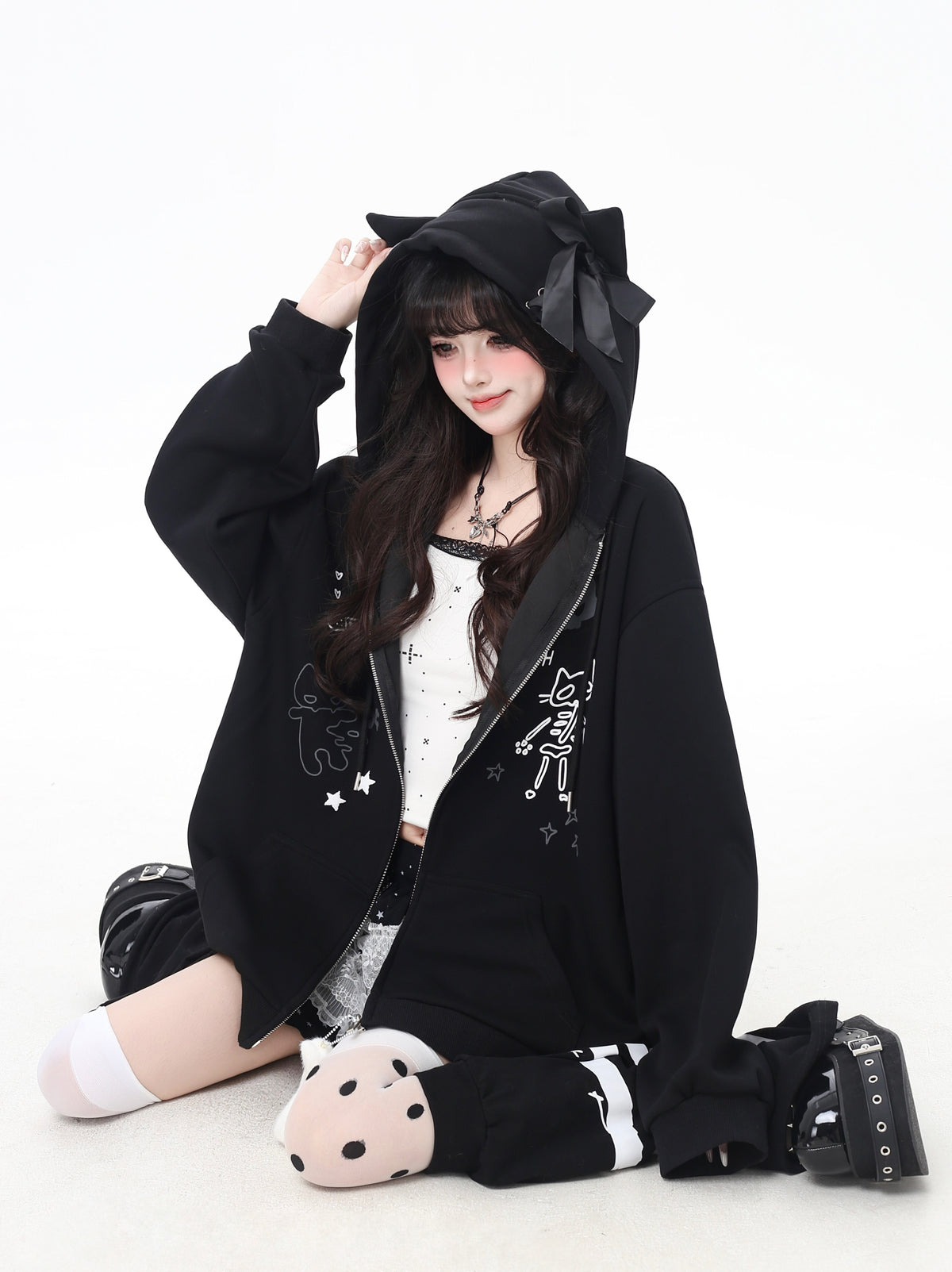 Cat Ear Bow Graphic Zip Hoodie