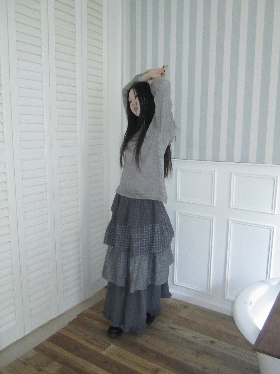 Layered Plaid & Polka Dot Tiered Maxi Skirt