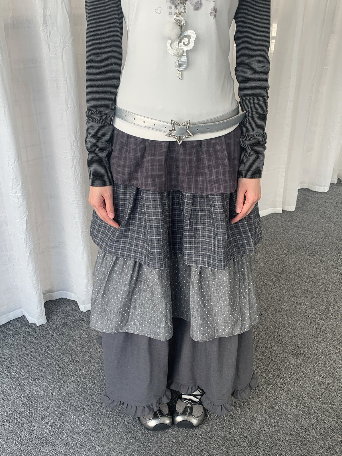Layered Plaid Polka Dot Tiered Maxi Skirt