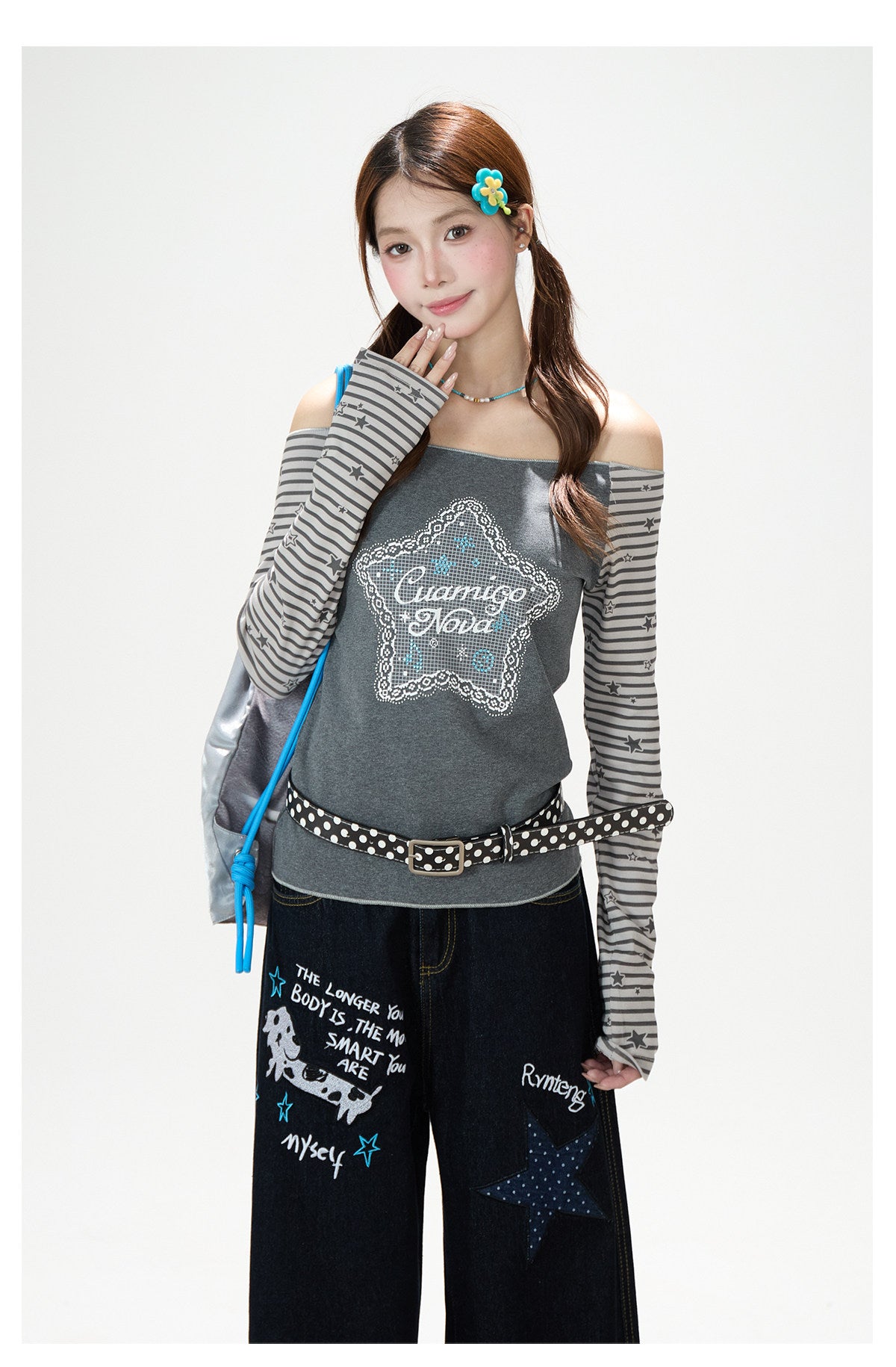 Star Stripe Off-Shoulder Long Sleeve Top & Graphic Star Wide-Leg Pants