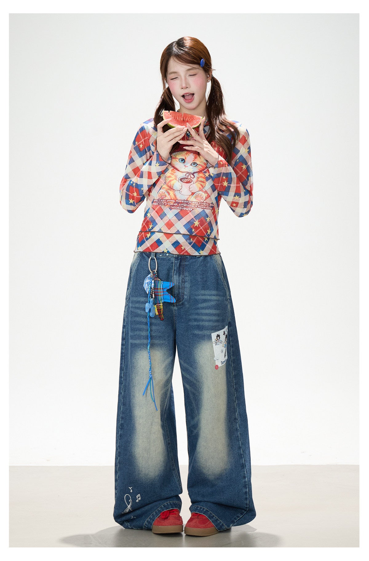 Cartoon Patch Washed Wide-Leg Jeans