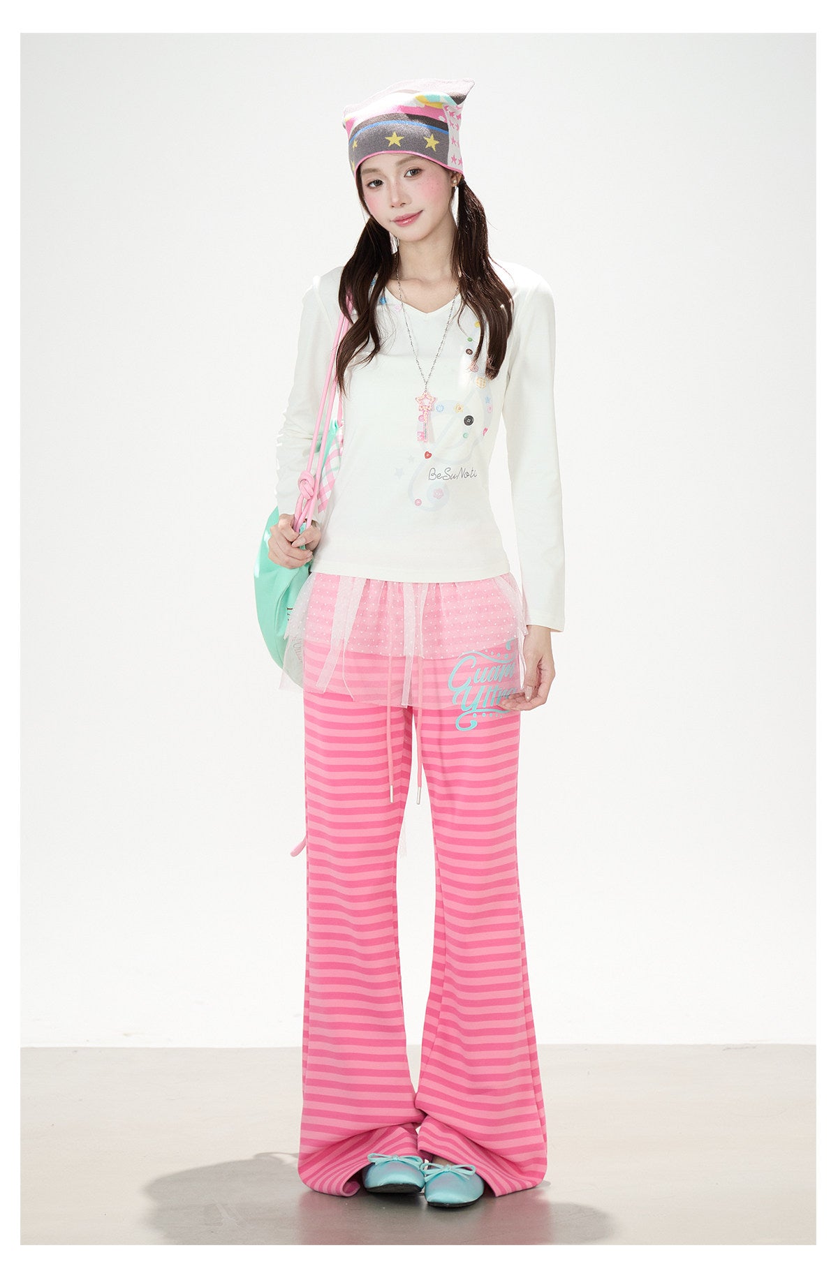 Music Note Star Button V-Neck Long Sleeve Top & Pink Stripe Wide-Leg Pants