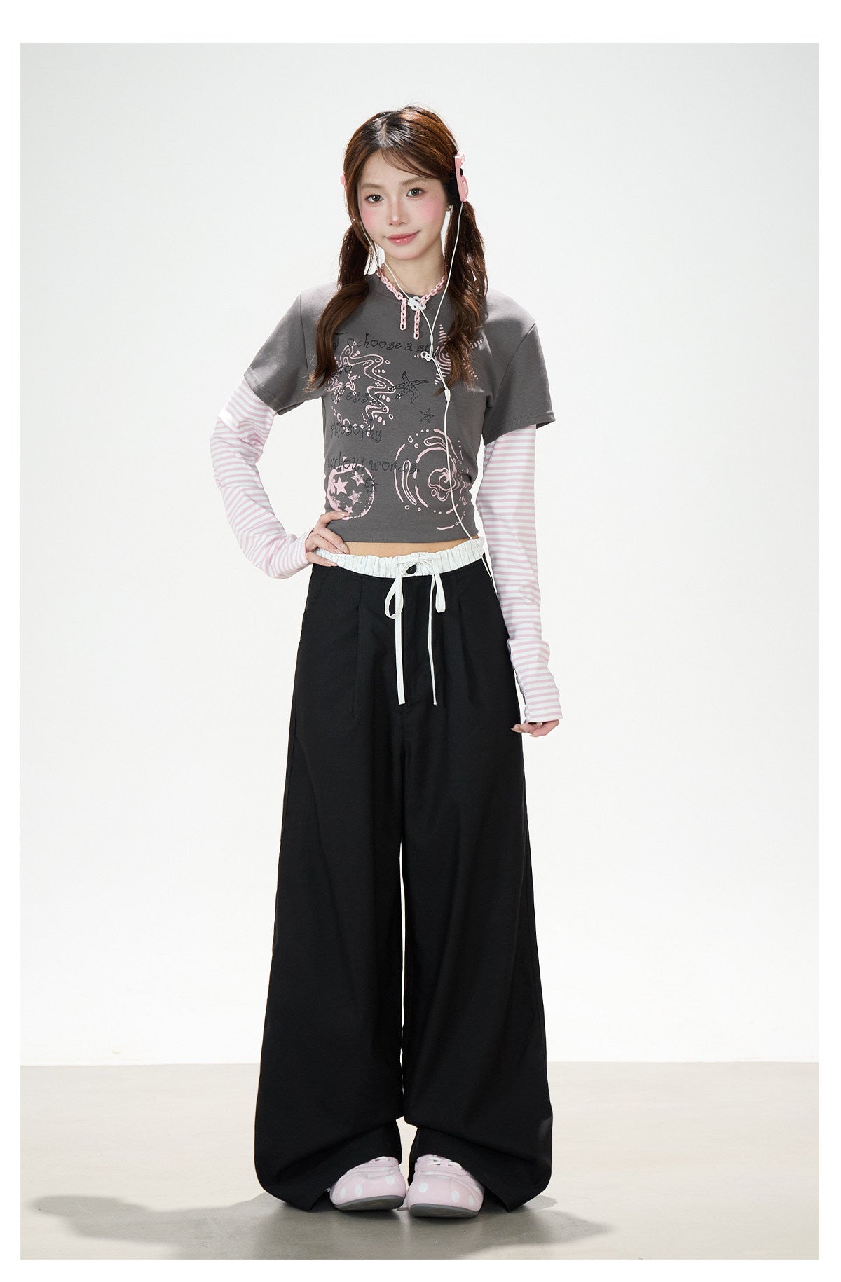 Graffiti Layered Long Sleeve Top & Black Wide-Leg Pants