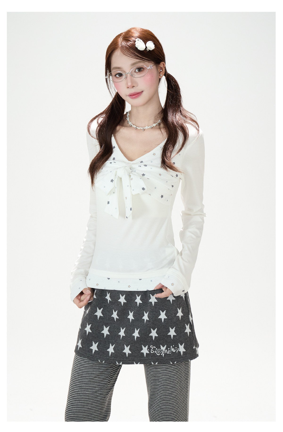 Star Bow-Tie Long Sleeve Top & Star Skirt-Layer Stripe Flared Pants
