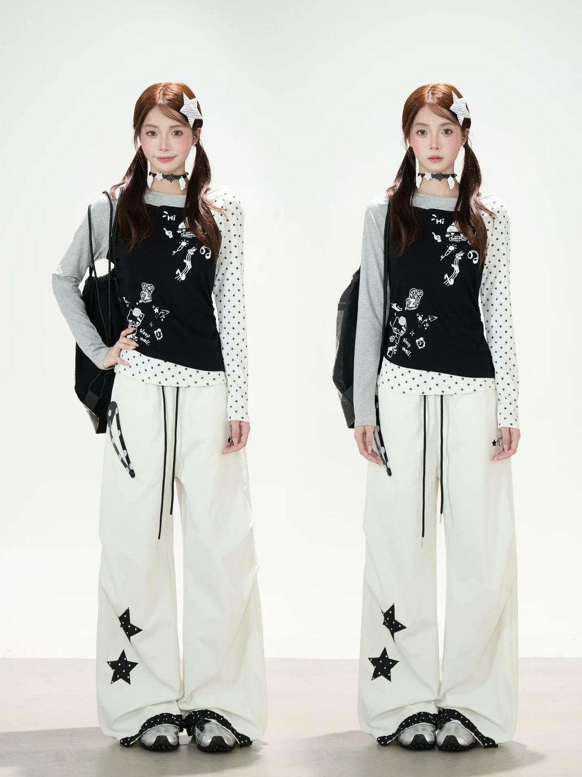 Star Polka-Dot Patchwork Wide-Leg Cargo Pants