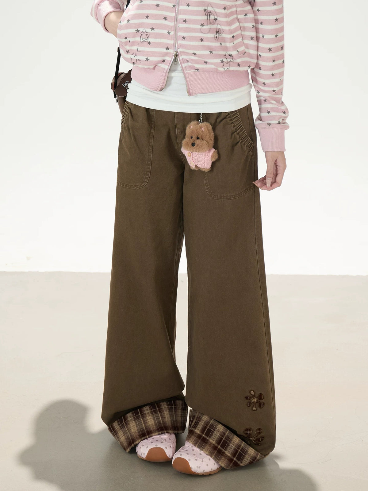 Plaid-Cuff Vintage Wide-Leg Work Pants