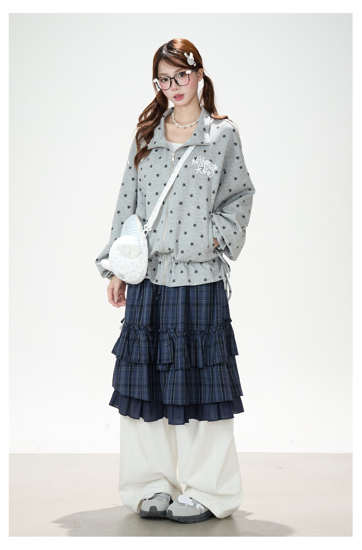 Allover Star Zip-Up Sweatshirt Jacket & Blue Plaid Tiered Midi Skirt