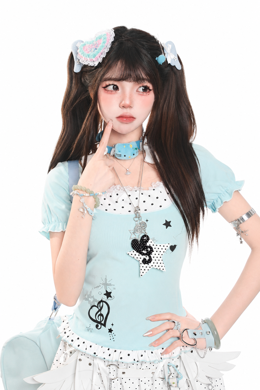 Polka Dot Faux-Layered U-Neck Fitted Tee