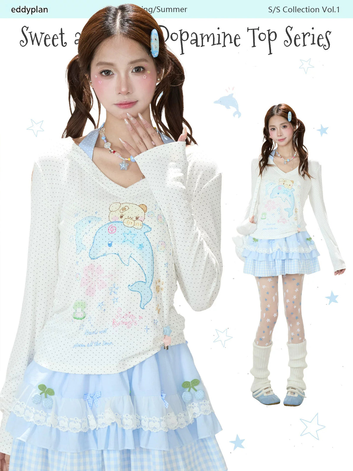 Dreamy Dolphin Polka-Dot V-Neck Long Sleeve Top & Gingham Ruffle Mini Skirt