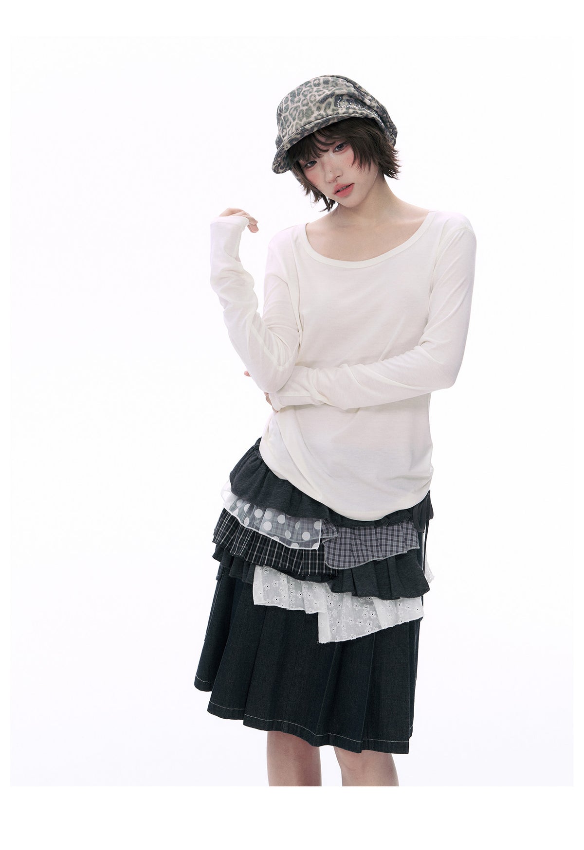 Embroidered Star Pleated Denim Midi Skirt