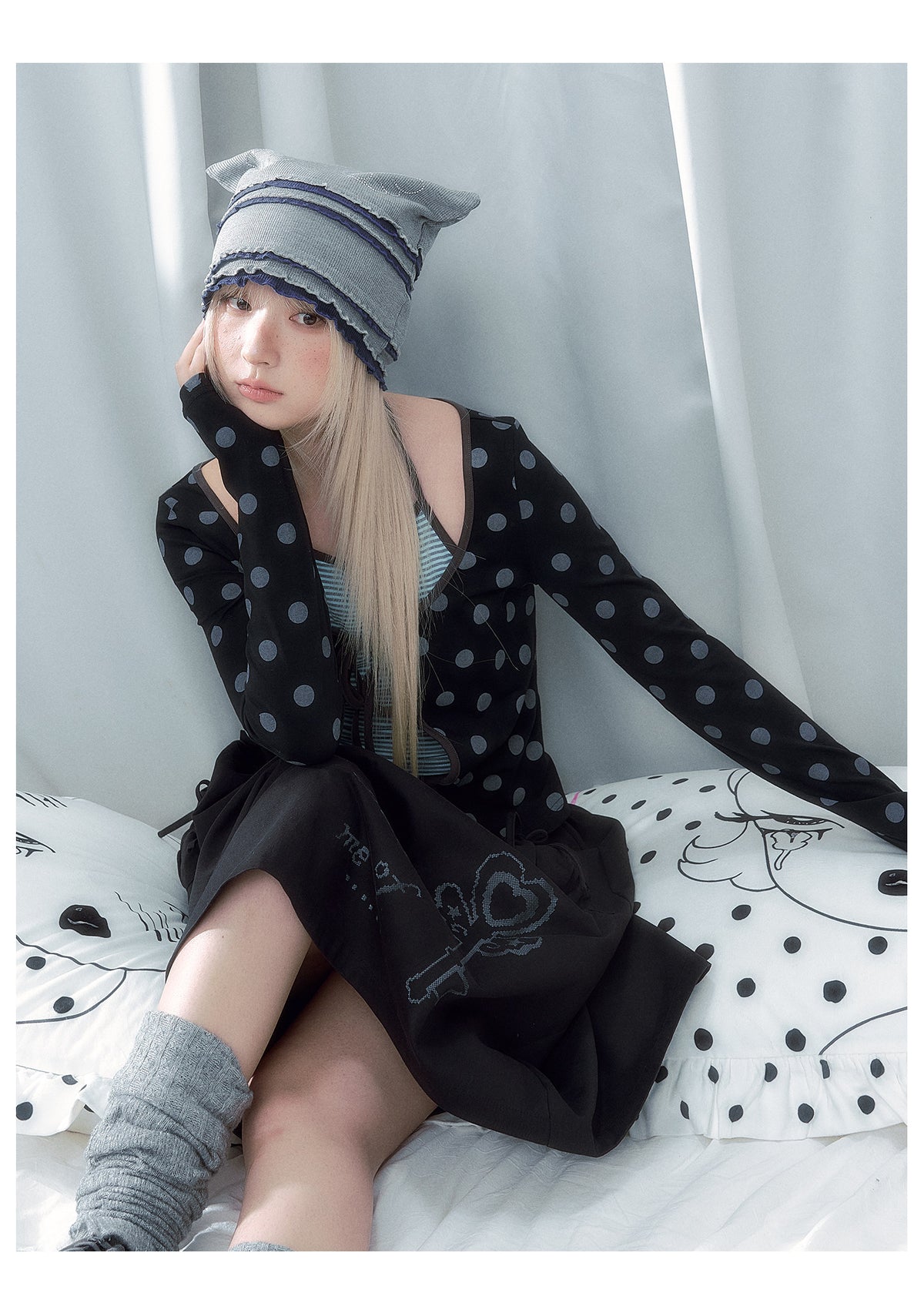 Polka Dot Tie-Front Layered Halter Long Sleeve Top