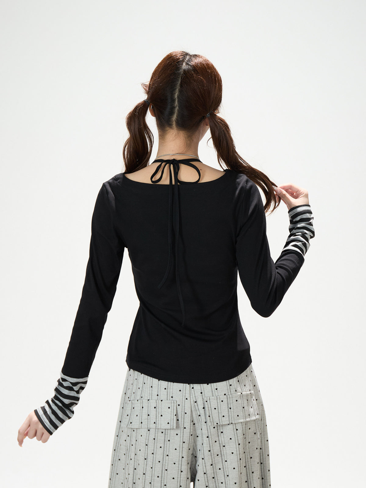 Music Note Bow Stripe-Cuff Long Sleeve Top & Ruffle Overlay Wide-Leg Pants