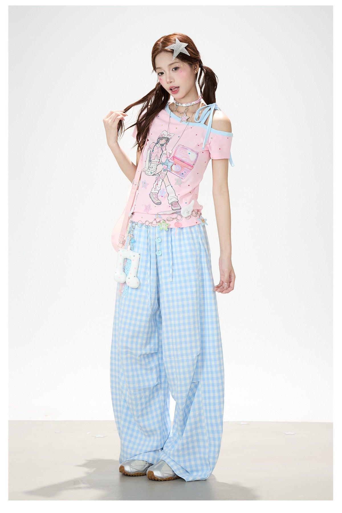 Gingham Oversized Wide-Leg Cargo Pants