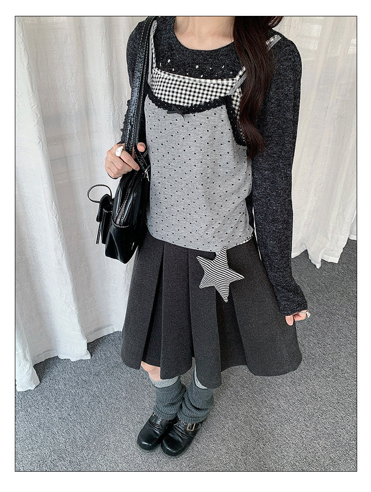 Black Gray Layered Gingham Cami Long Sleeve Top
