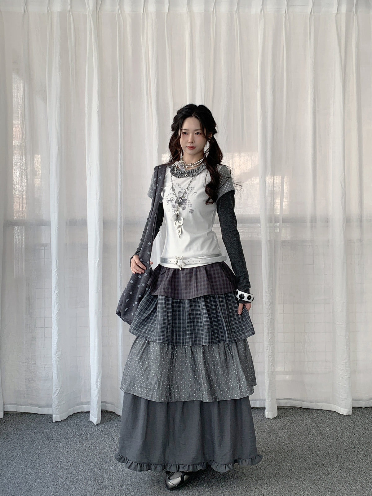 Layered Plaid Polka Dot Tiered Maxi Skirt