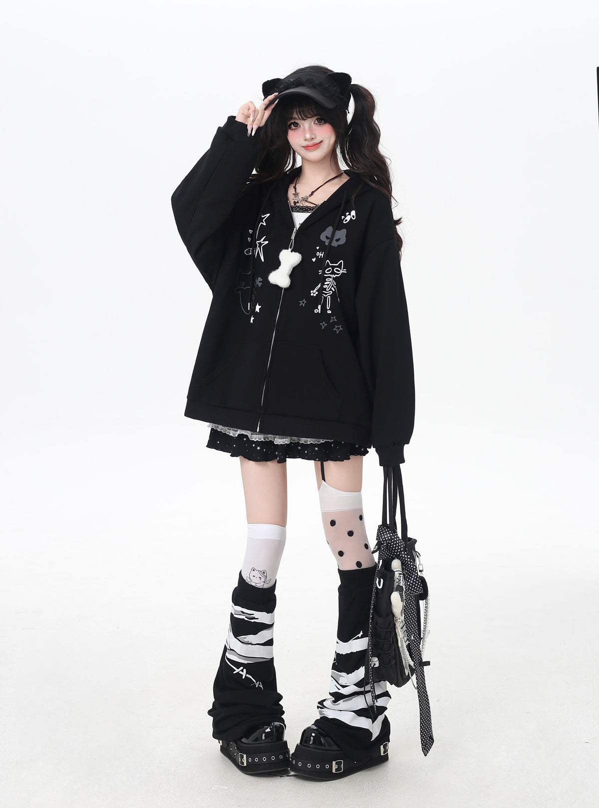 Cat Ear Bow Graphic Zip Hoodie