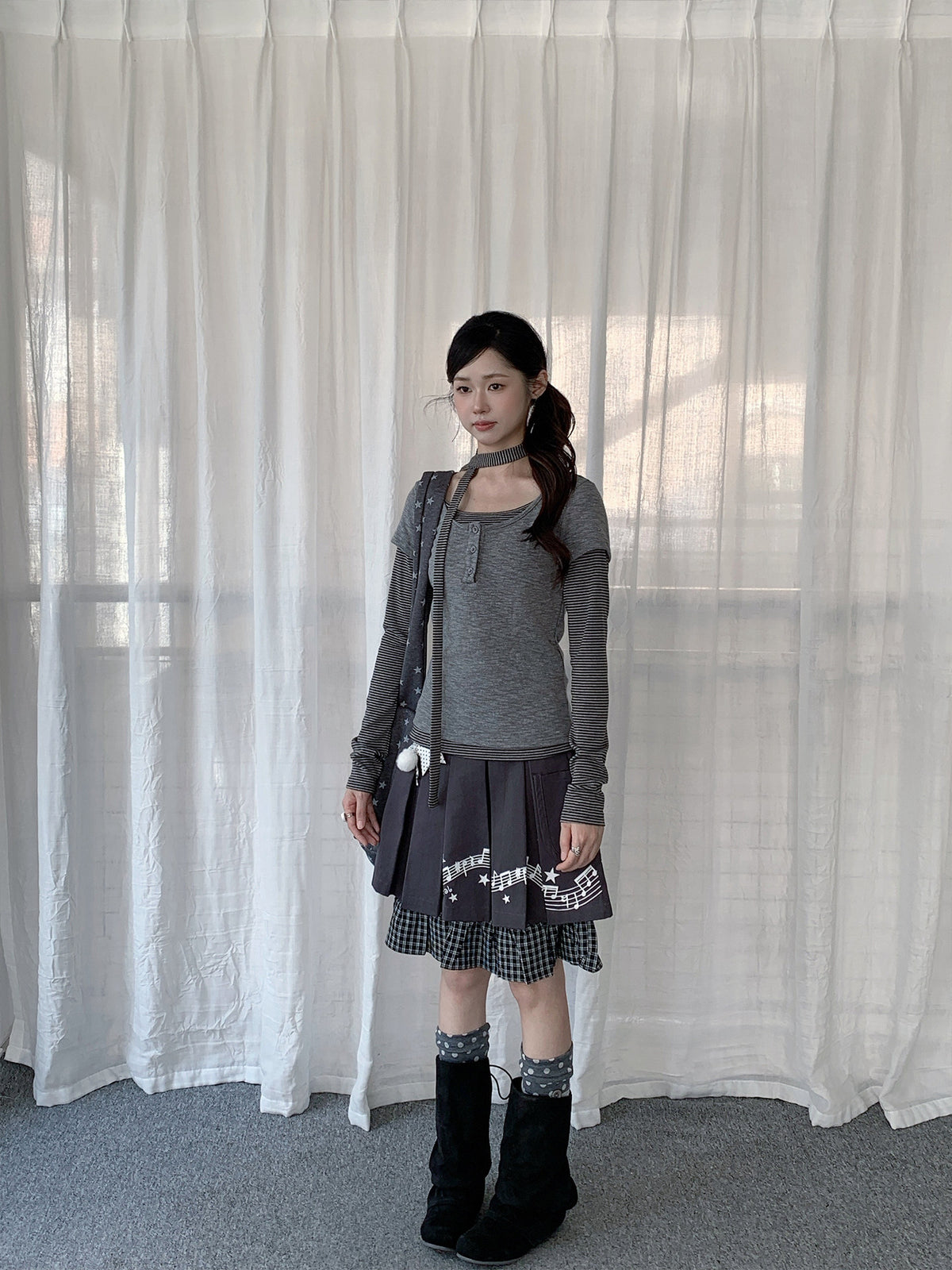 Music Note Star Pleated Skirt with Plaid Hem