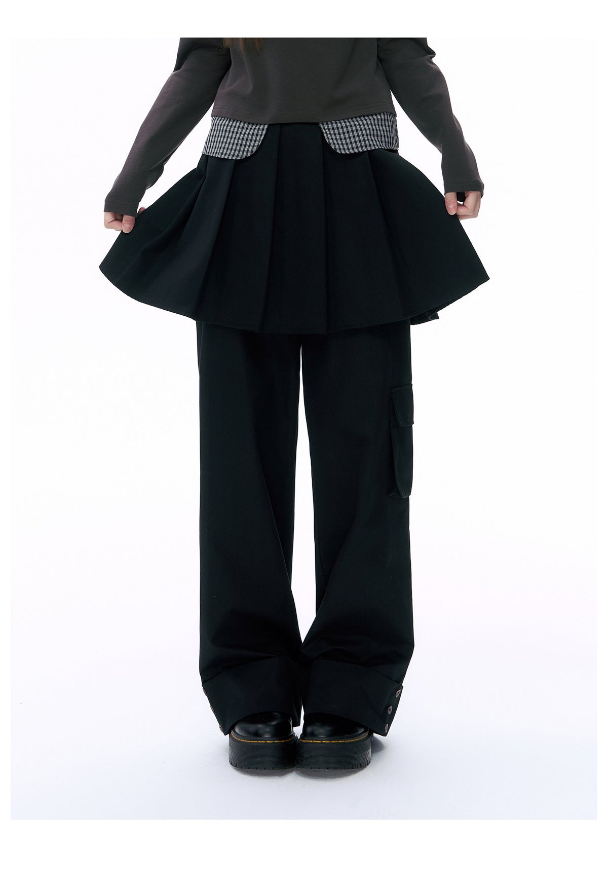 Pleated Skirt-Overlay Cargo Wide-Leg Pants