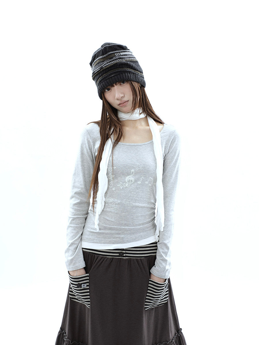 Music Note Striped Layered Long Sleeve Top with Scarf