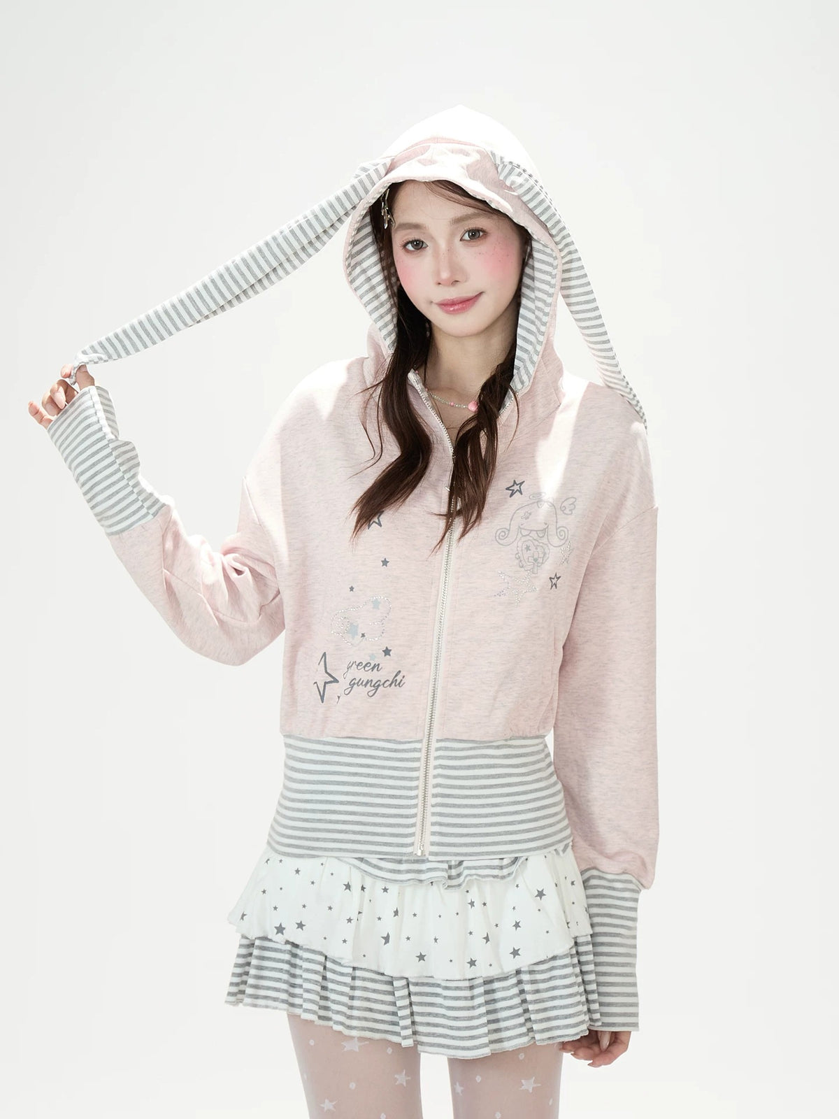 Cartoon Stripe Bunny-Ear Zip-Up Hoodie