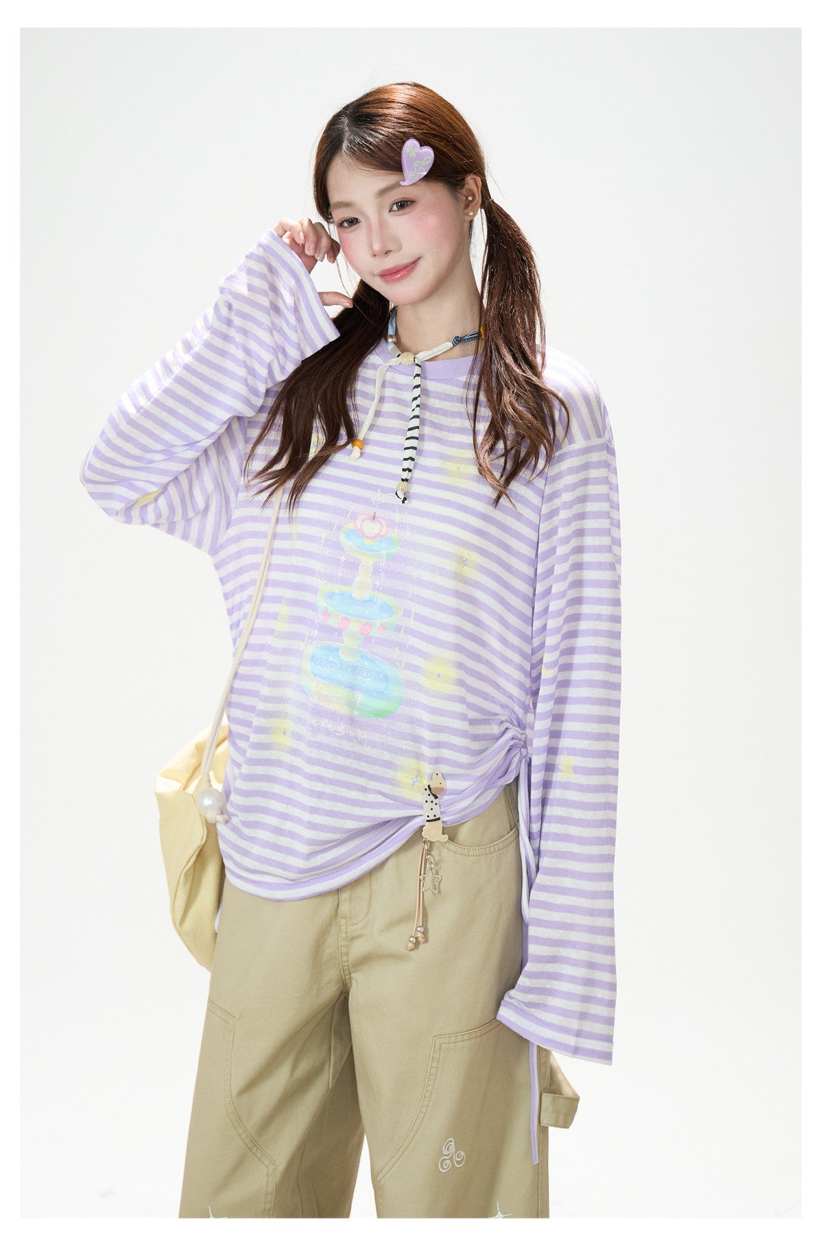 Pastel Stripe Cartoon Drawstring Long Sleeve Top & Khaki Wide-Leg Pants