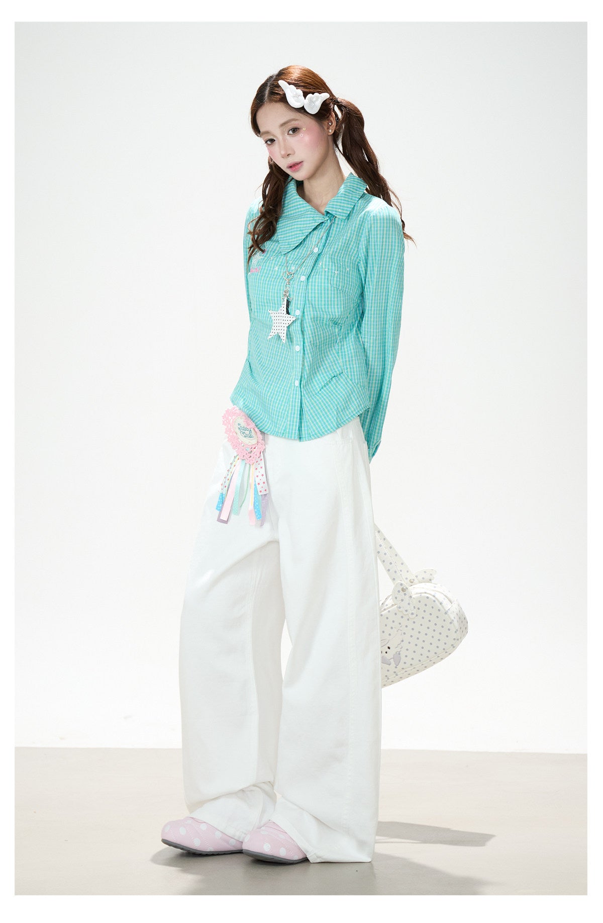 Green Check Fitted Shirt & White Wide-Leg Pants