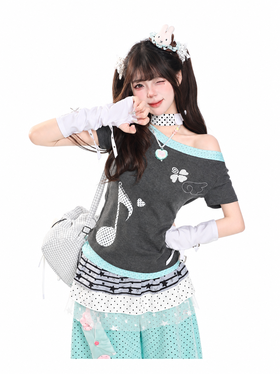 Music Note Faux-Layered Off-Shoulder Fitted Tee