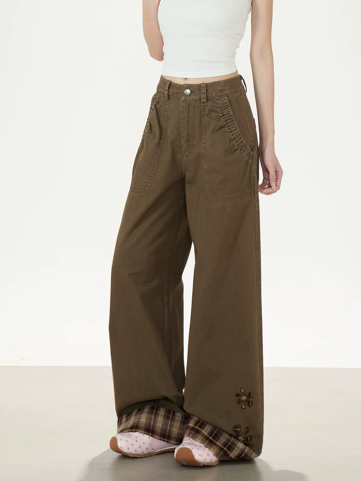 Plaid-Cuff Vintage Wide-Leg Work Pants
