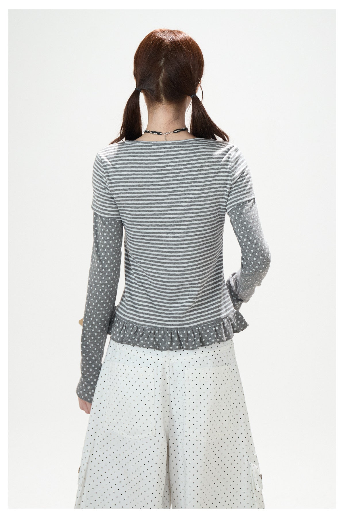 Polka-Dot Stripe Layered Long Sleeve Top & Embroidered Khaki Wide-Leg Cargo Pants
