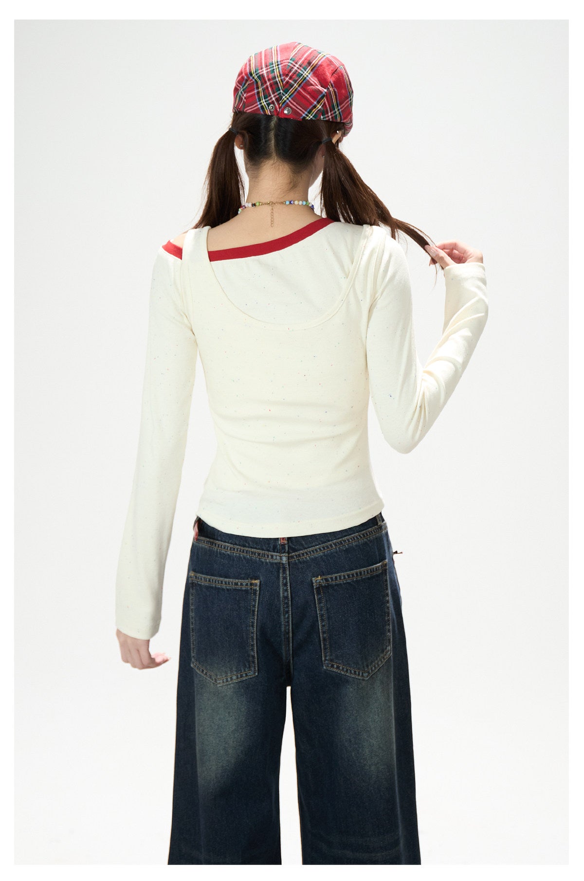 Letter Print Layered Long Sleeve Top & Star Patch Wide-Leg Jeans