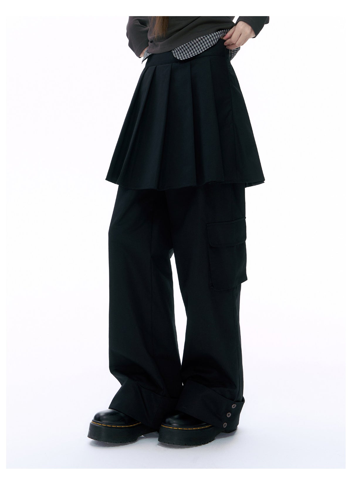 Pleated Skirt-Overlay Cargo Wide-Leg Pants